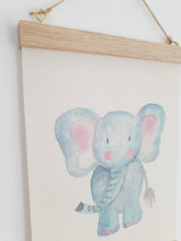 Load image into Gallery viewer, Elephant canvas print with wooden wall hanger