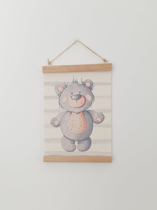 Bear canvas print with wooden wall hanger