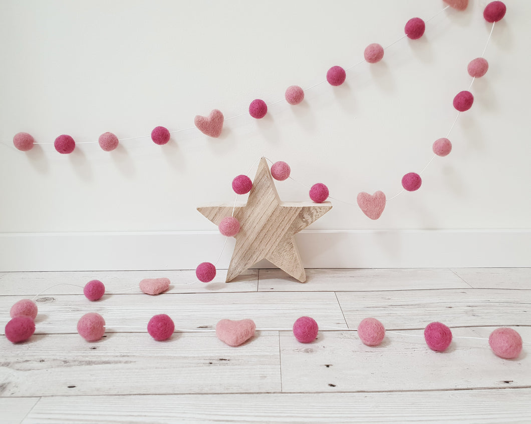 Felt Pom Pom Garland - Mix of pinks with hearts