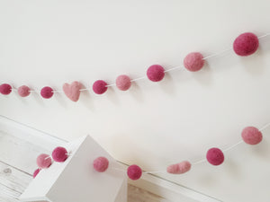 Felt Pom Pom Garland - Mix of pinks with hearts