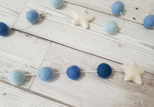 Load image into Gallery viewer, Felt Pom Pom Garland - Balls in Shades of Blue with White star