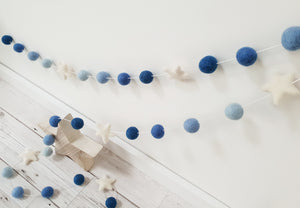 Felt Pom Pom Garland - Balls in Shades of Blue with White star