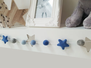 Felt Pom Pom Garland - Blue and grey balls with Blue stars