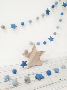 Felt Pom Pom Garland - Blue and grey balls with Blue stars