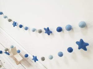 Felt Pom Pom Garland - Blue and grey balls with Blue stars