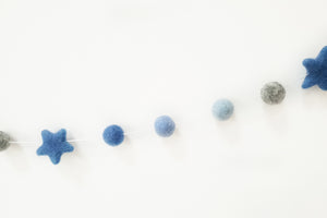 Felt Pom Pom Garland - Blue and grey balls with Blue stars