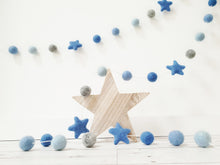 Load image into Gallery viewer, Felt Pom Pom Garland - Blue and grey balls with Blue stars