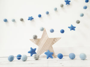 Felt Pom Pom Garland - Blue and grey balls with Blue stars