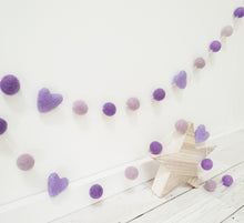 Load image into Gallery viewer, Felt Pom Pom Garland - Mix of Purples with hearts