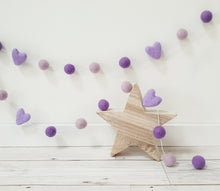 Load image into Gallery viewer, Felt Pom Pom Garland - Mix of Purples with hearts