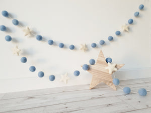 Felt Pom Pom Garland - Blue balls with White star