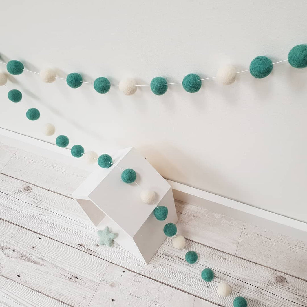 Dark Green & Ivory Felt Pom Pom Garland