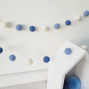 Blue & White Felt Pom Pom Garland