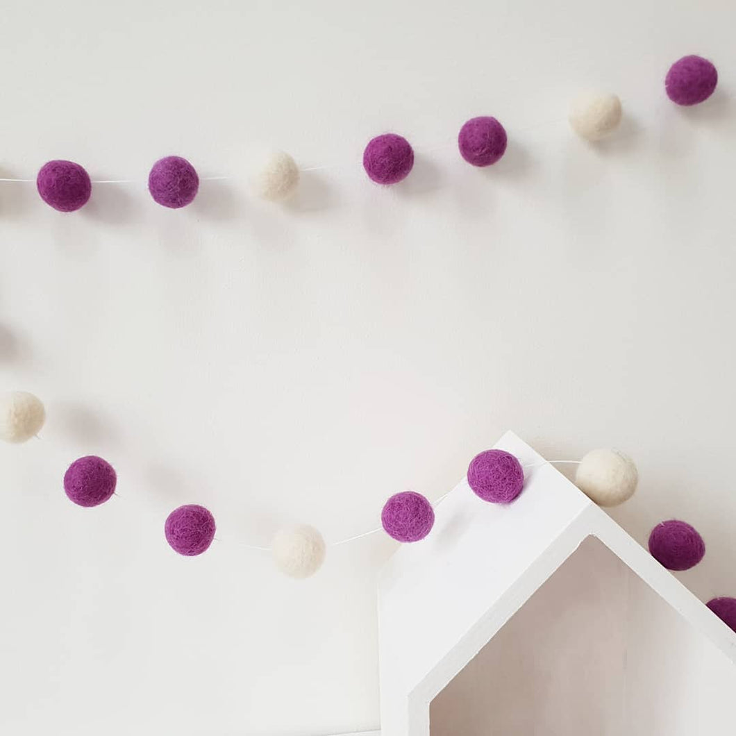 Plum and Ivory Felt Pom Pom Garland