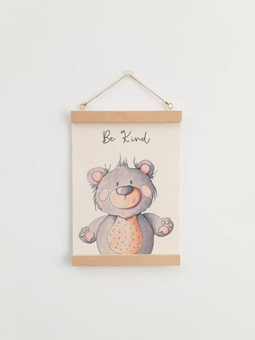 Bear canvas print with wooden wall hanger
