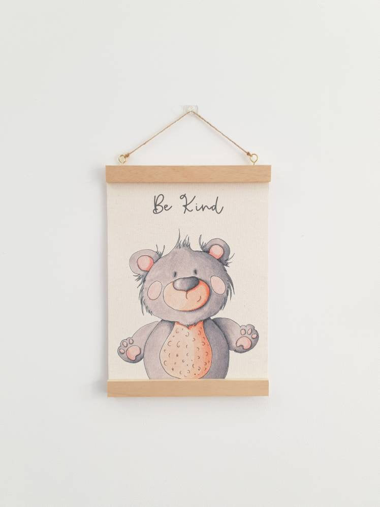 Bear canvas print with wooden wall hanger