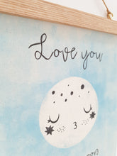 Load image into Gallery viewer, Love you to the moon canvas print with wooden hanger - Moon nursery accessory - Moon bedroom accessory - Wooden Print hanger - Blue nursery