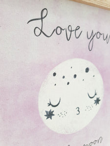 Love you to the moon canvas print with wooden hanger - Moon nursery accessory - Moon bedroom accessory - Wooden Print hanger -  Pink nursery