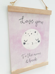 Love you to the moon canvas print with wooden hanger - Moon nursery accessory - Moon bedroom accessory - Wooden Print hanger -  Pink nursery