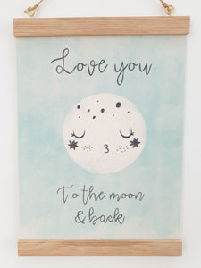 Love you to the moon canvas print with wooden hanger - Moon nursery accessory - Moon bedroom accessory - Wooden Print hanger - Mint nursery