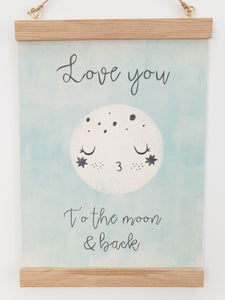 Love you to the moon canvas print with wooden hanger - Moon nursery accessory - Moon bedroom accessory - Wooden Print hanger - Mint nursery