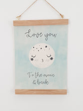 Load image into Gallery viewer, Love you to the moon canvas print with wooden hanger - Moon nursery accessory - Moon bedroom accessory - Wooden Print hanger - Mint nursery