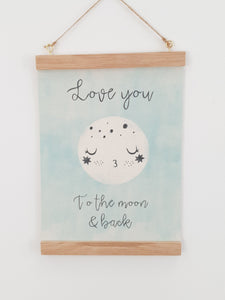 Love you to the moon canvas print with wooden hanger - Moon nursery accessory - Moon bedroom accessory - Wooden Print hanger - Mint nursery