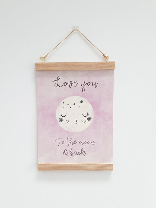 Love you to the moon canvas print with wooden hanger - Moon nursery accessory - Moon bedroom accessory - Wooden Print hanger -  Pink nursery