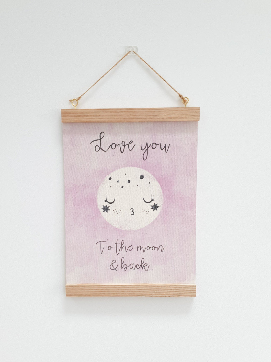 Love you to the moon canvas print with wooden hanger - Moon nursery accessory - Moon bedroom accessory - Wooden Print hanger -  Pink nursery
