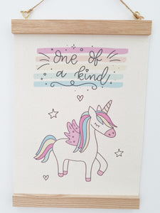 Unicorn canvas print with wooden hanger - Unicorn nursery accessory - Unicorn bedroom accessory - Wooden Print hanger - Girls Bedroom
