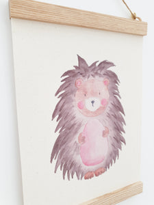 Watercolour Hedgehog canvas Print with Wooden hanger