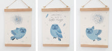 Load image into Gallery viewer, Owl canvas print with wooden hanger - Owl nursery accessory - Owl bedroom accessory - Wooden Print hanger