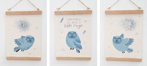 Owl canvas print with wooden hanger - Owl nursery accessory - Owl bedroom accessory - Wooden Print hanger
