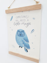 Load image into Gallery viewer, Owl canvas print with wooden hanger - Owl nursery accessory - Owl bedroom accessory - Wooden Print hanger