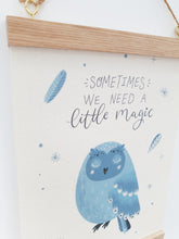 Load image into Gallery viewer, Owl canvas print with wooden hanger - Owl nursery accessory - Owl bedroom accessory - Wooden Print hanger