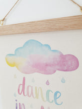 Load image into Gallery viewer, Rainbow Cloud canvas print with wooden hanger - Cloud nursery accessory - Cloud bedroom accessory - Print hanger - Dance in the rain print