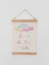 Load image into Gallery viewer, Rainbow Cloud canvas print with wooden hanger - Cloud nursery accessory - Cloud bedroom accessory - Print hanger - Dance in the rain print