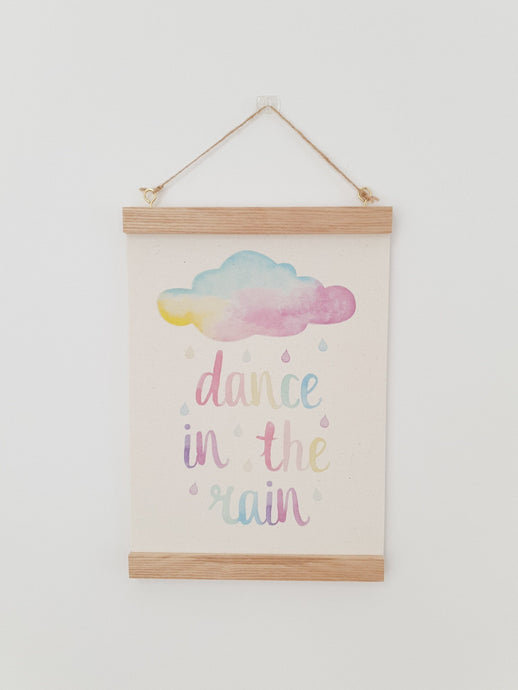 Rainbow Cloud canvas print with wooden hanger - Cloud nursery accessory - Cloud bedroom accessory - Print hanger - Dance in the rain print