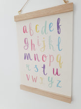 Load image into Gallery viewer, Alphabet canvas print with wooden hanger
