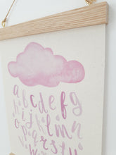 Load image into Gallery viewer, Cloud Alphabet canvas print with wooden hanger