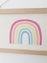 Load image into Gallery viewer, Rainbow canvas print with wooden hanger - Rainbow nursery accessory - Rainbow bedroom accessory - Print hanger