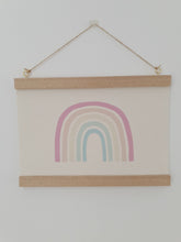Load image into Gallery viewer, Pastel Rainbow canvas print with wooden hanger - Rainbow nursery accessory - Rainbow bedroom accessory - Print hanger