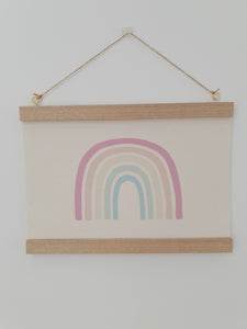 Pastel Rainbow canvas print with wooden hanger - Rainbow nursery accessory - Rainbow bedroom accessory - Print hanger