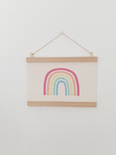 Load image into Gallery viewer, Rainbow canvas print with wooden hanger - Rainbow nursery accessory - Rainbow bedroom accessory - Print hanger