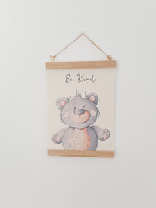 Bear canvas print with wooden wall hanger