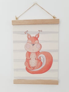 Squirrel canvas print with wooden wall hanger - Animal nursery accessory - Animal bedroom accessory - Squirrel Print