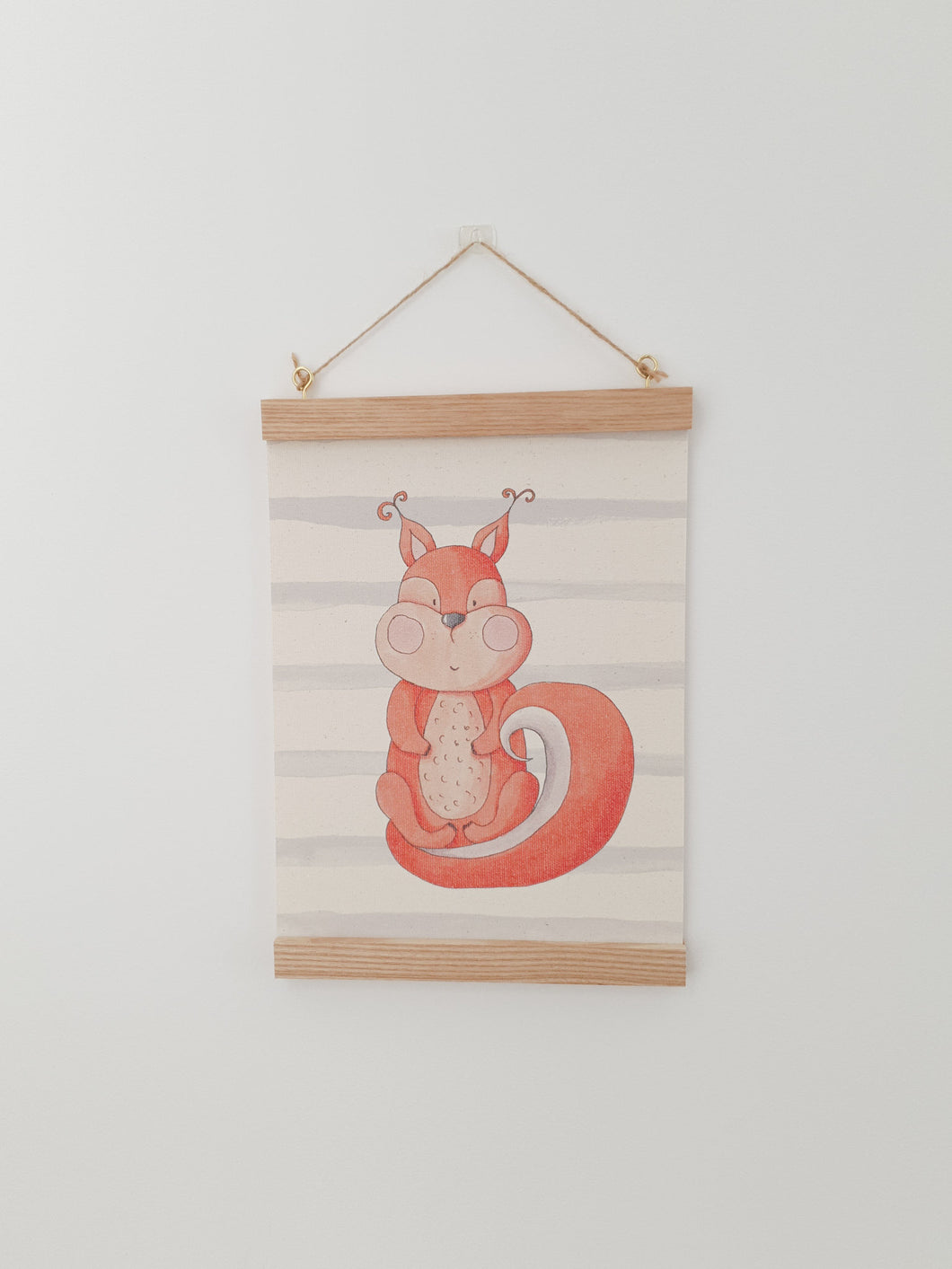 Squirrel canvas print with wooden wall hanger - Animal nursery accessory - Animal bedroom accessory - Squirrel Print