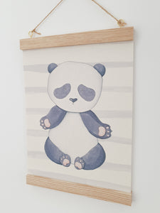 Panda canvas print with wooden wall hanger - Animal bedroom accessory - Woodland nursery accessory - Animal Print
