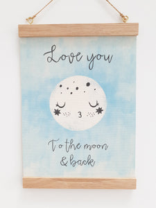 Love you to the moon canvas print with wooden hanger - Moon nursery accessory - Moon bedroom accessory - Wooden Print hanger - Blue nursery