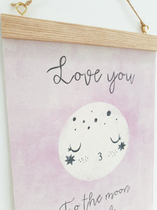 Love you to the moon canvas print with wooden hanger - Moon nursery accessory - Moon bedroom accessory - Wooden Print hanger -  Pink nursery
